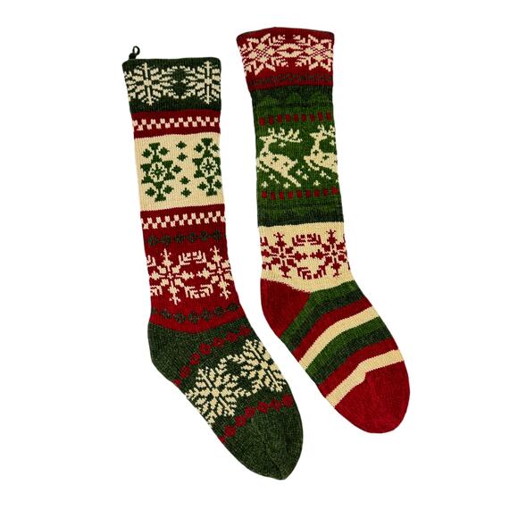 Knit Christmas Deer Snowflake Green Red Cream Color Block Long Stockings Bundle - Picture 2 of 9